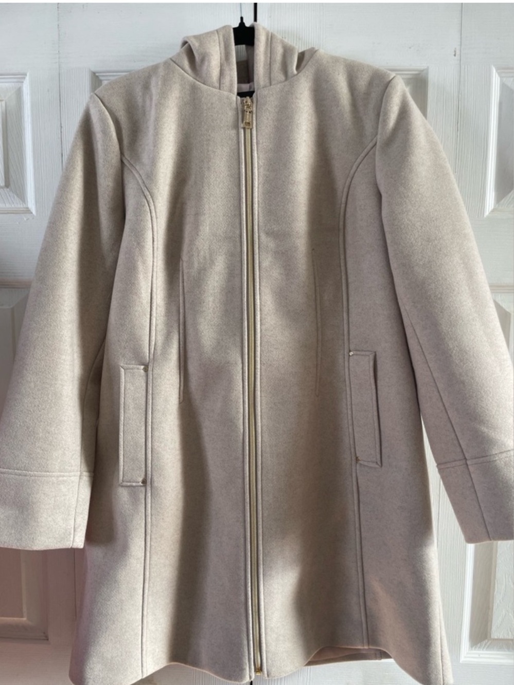 Womens Hooded Zip-Front Wool Blend Coat - Cream